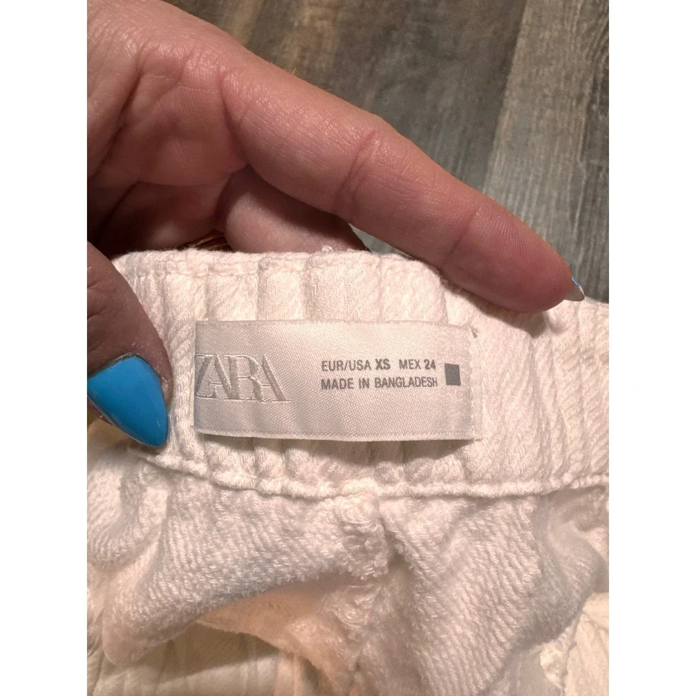 Zara Womens XS White 100% Cotton Drawstring Relaxed Straight Leg Pants Snap Hem